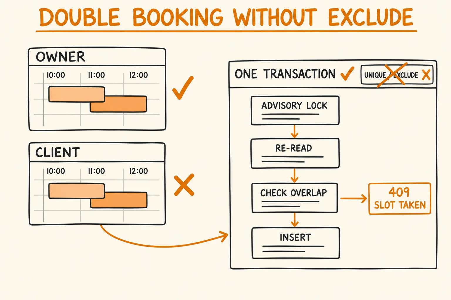 Preventing Double Booking in PostgreSQL Without EXCLUDE