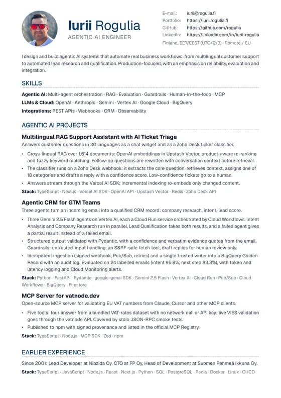 First page of Iurii Rogulia's Agentic AI Engineer CV
