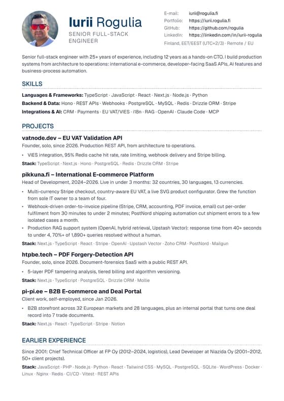 First page of Iurii Rogulia's CV