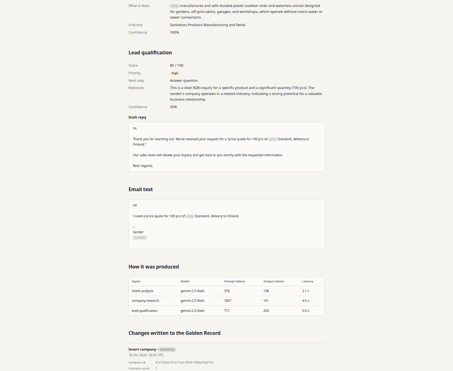 An email in the CRM: lead score, priority and next step, the draft reply, the token and latency figures of each agent, and the change log of the Golden Record