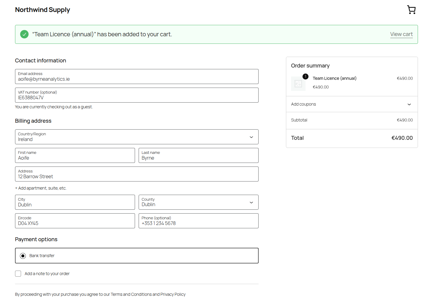Block checkout — the VAT number field in the contact section