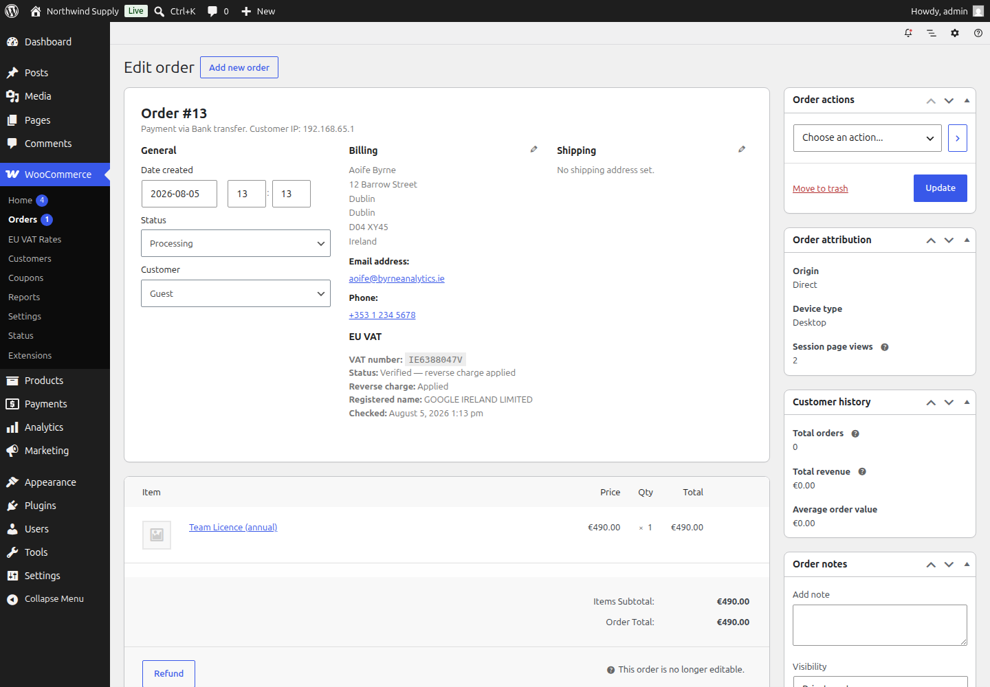 Order screen — VAT number, verification status, reverse charge and registered company name